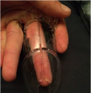 A male chastity story and sizing up for cock cages with a finger