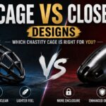 Comparison banner showing open chastity cage on the left and closed cage on the right, with a big VS in the center and design icons below.