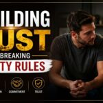 Banner about rebuilding trust after breaking chastity rules: a man and woman sit closely, looking serious, with bold text 'Rebuilding Trust' and a white brush-stroke 'Chastity Rules'; four icons labeled Honesty, Communication, Commitment, Trust, and the site malechastity.com.au.